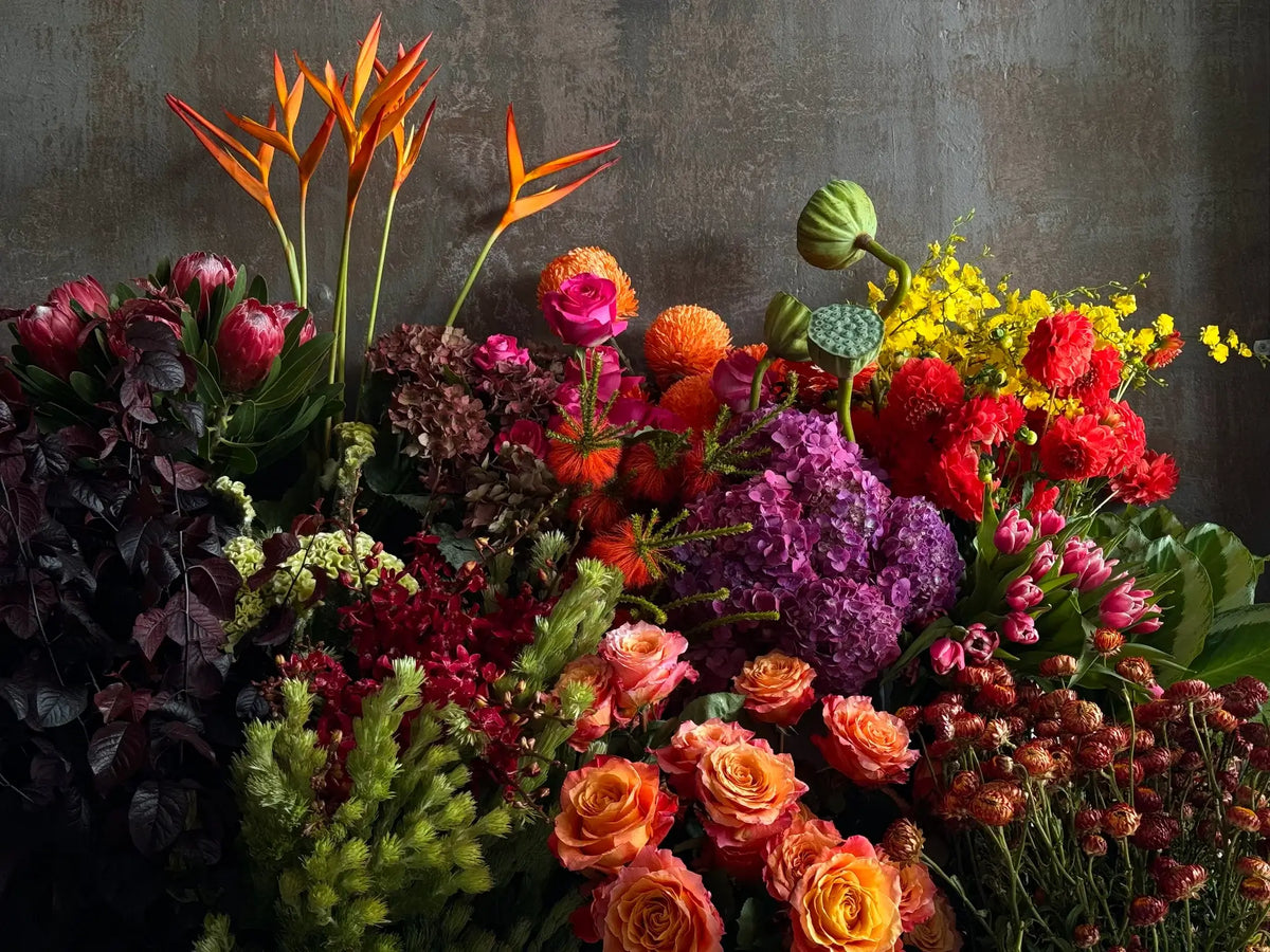 Bright florist's choice bouquet with seasonal roses, orchids and bird of paradise